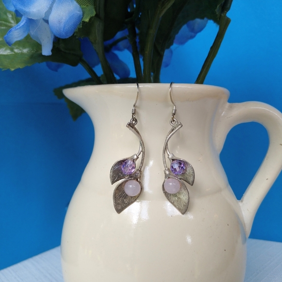 Dangle Earrings Amethyst Silver Floral Purple Pearl - Picture 7 of 7
